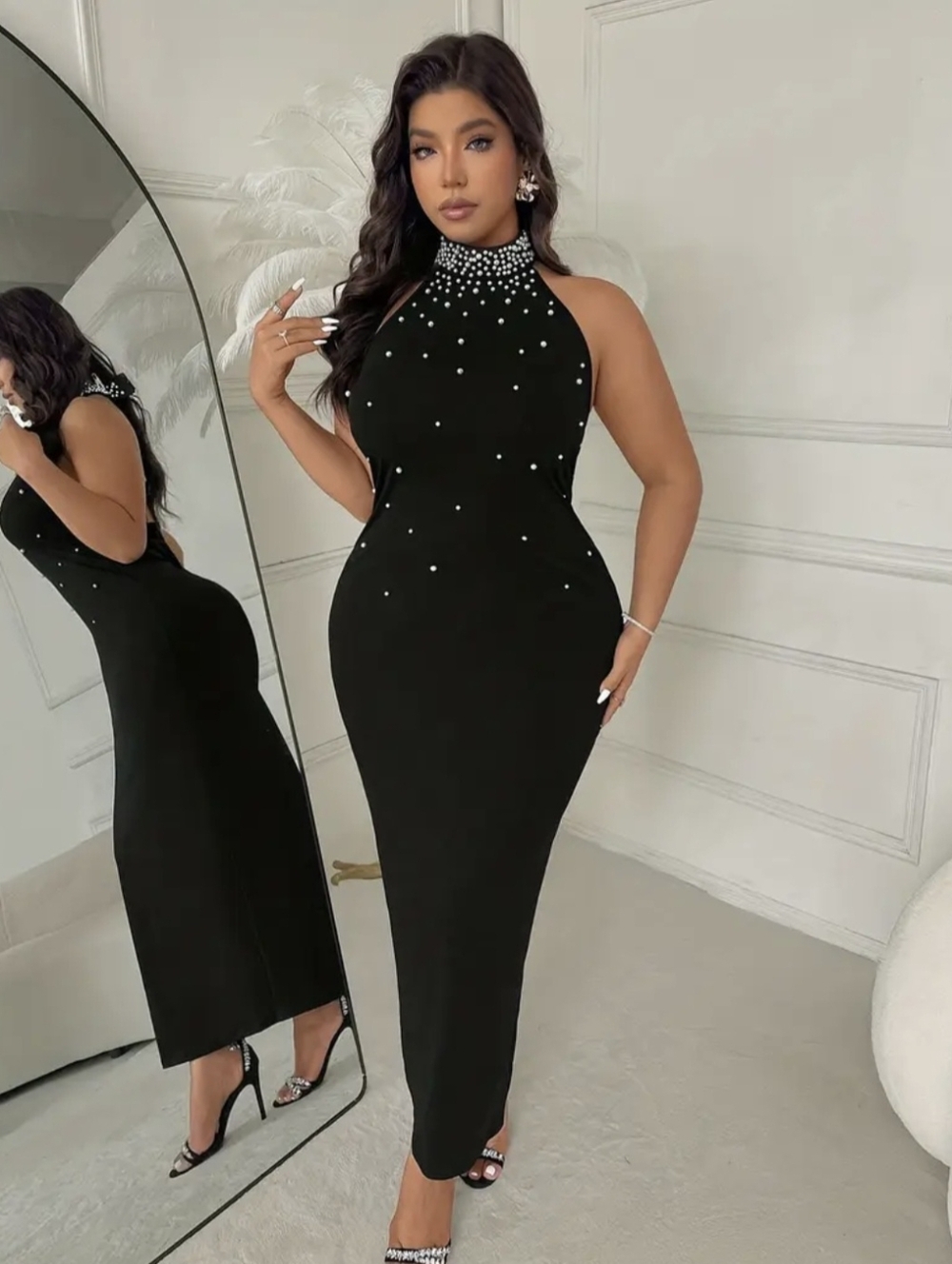 Elegant Black High-Neck Embellished Evening Dress